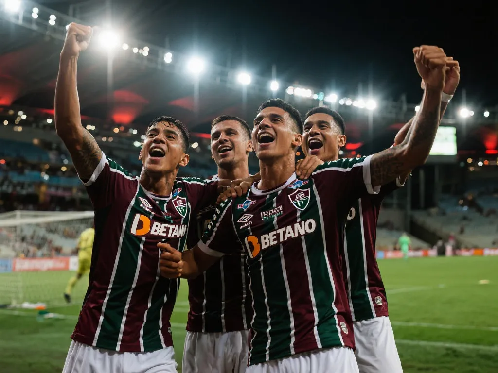 Fluminense球员在灯光下庆祝进球